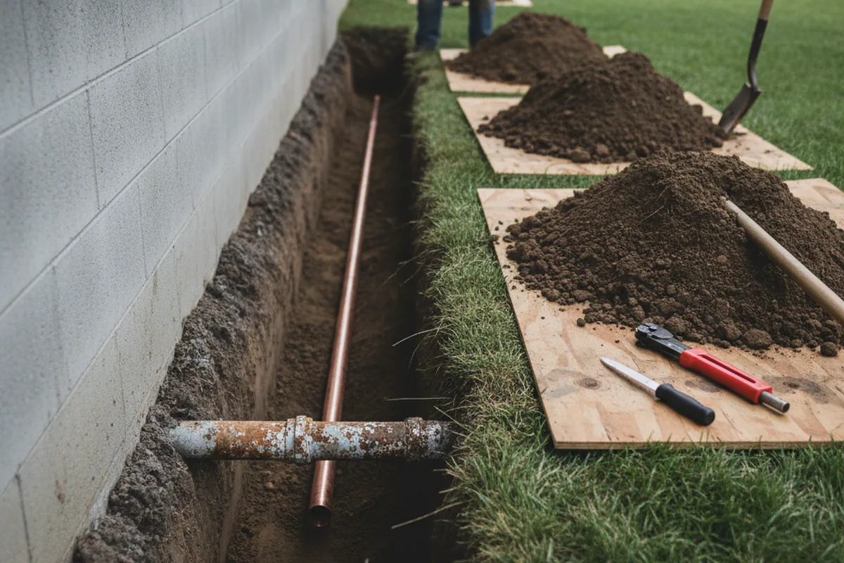 Excavated water line trench during Sewer Line Repair in Ohio City